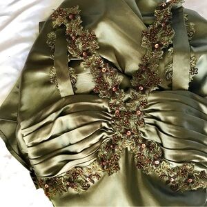 Olive Green Dress with Floral Embroidery